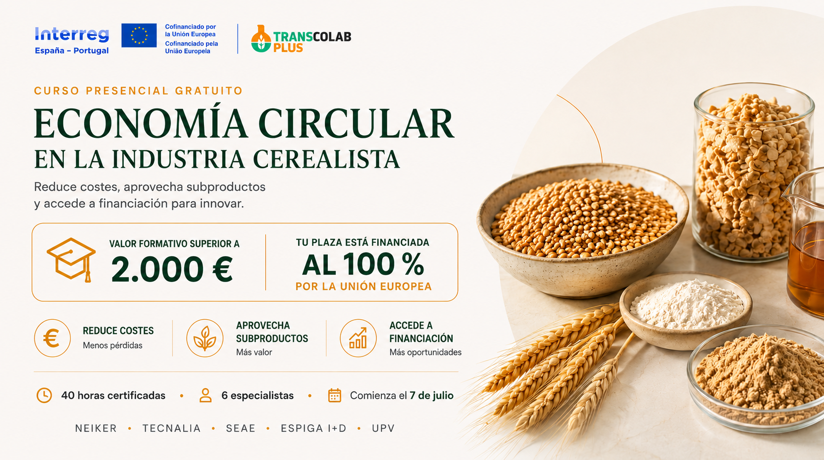 Curso: Economía circular aplicada a la industria cerealista. 6, 7, 27, 28 de julio y 28, 29 de septiembre 2026 